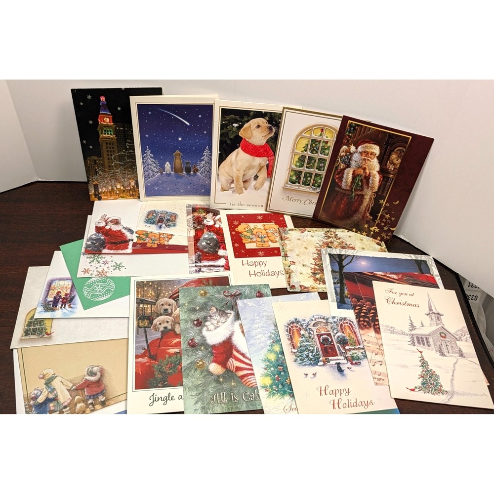 Christmas Greeting Card Unused Ephemera Lot Holiday Santa Dogs Cats 25pc